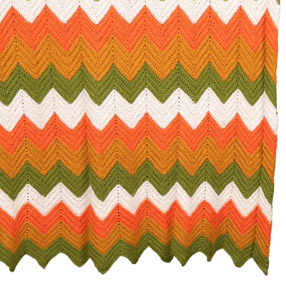 Chevron Afghan Throw Blanket VTG Orange Green Yellow Crochet Zigzag 70s 80s - Picture 4 of 5